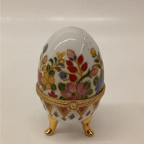 unbranded Other - Vintage Porcelain Floral Egg Hinged Trinket Box with Gold Accents